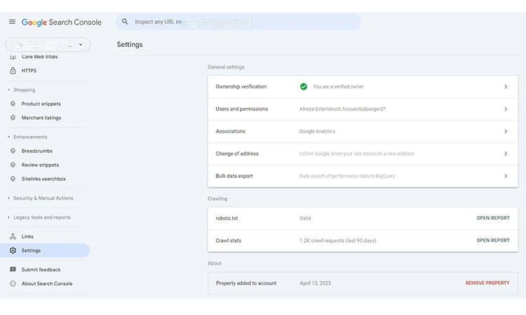 بخش Settings سرچ کنسول