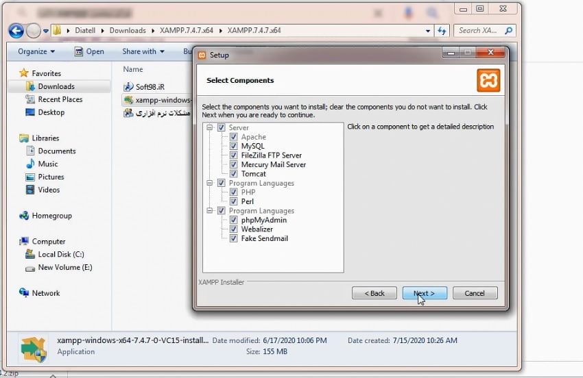 نصب xampp گام 2 انتخاب نیازمندی های xampp