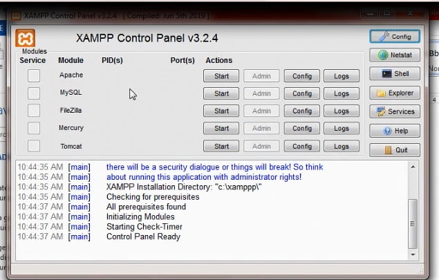 کنترل پنل xampp اجرا و استارت apache , mysql