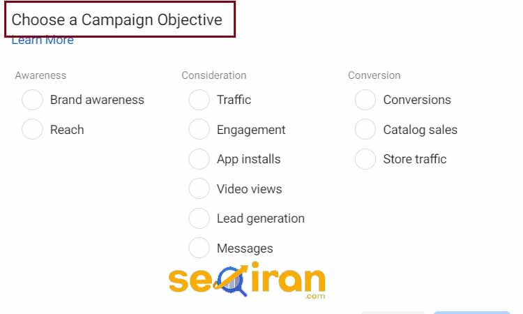 گزینه های اهداف تبلیغاتی فیسبوک