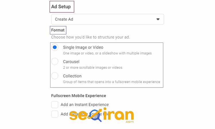 انتخاب فرمت تبلیغات فیسبوک